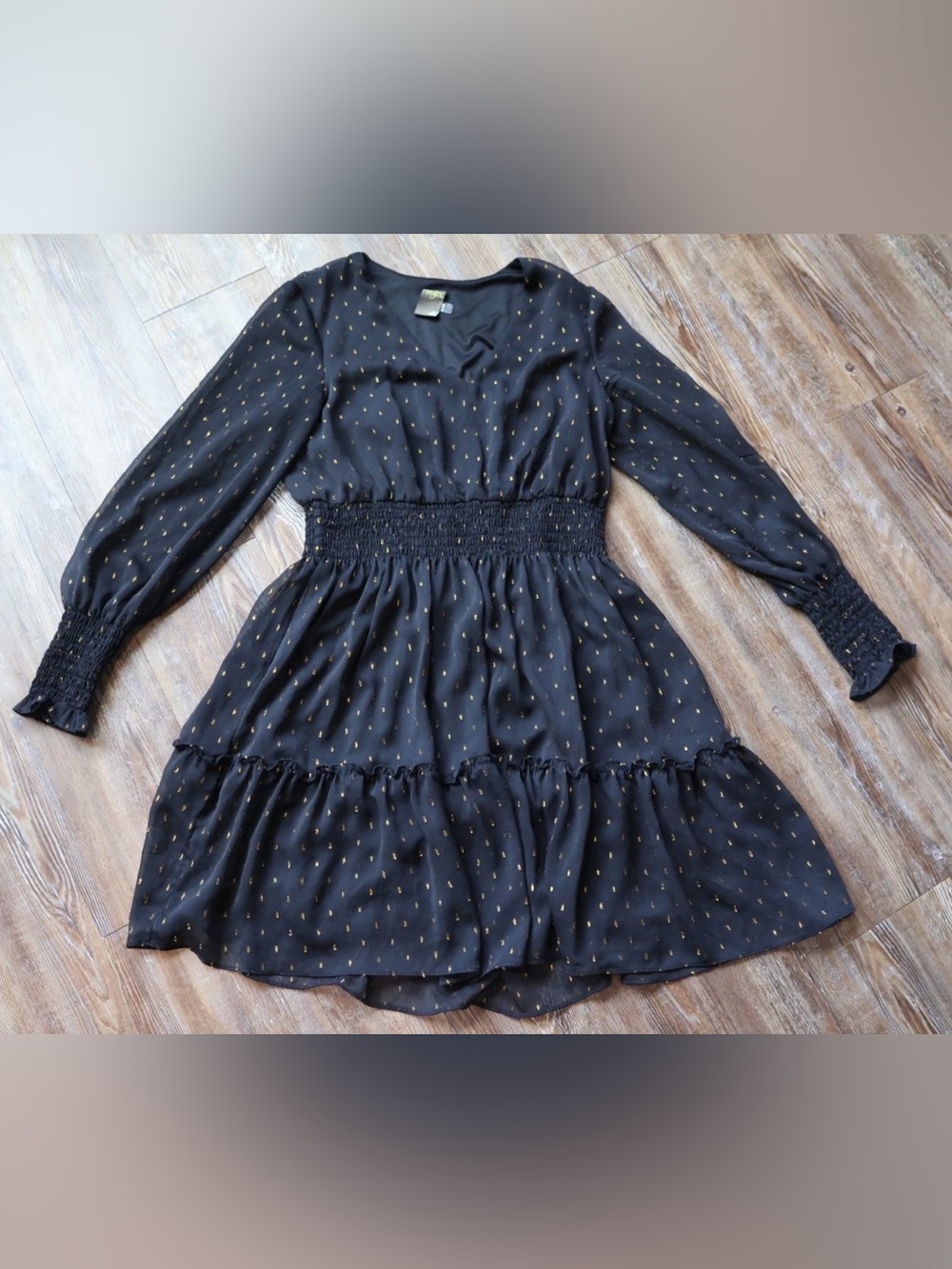 Black Gold Metallic Sheer Dot Whimsigoth Dress Smocked Waist Women’s 12